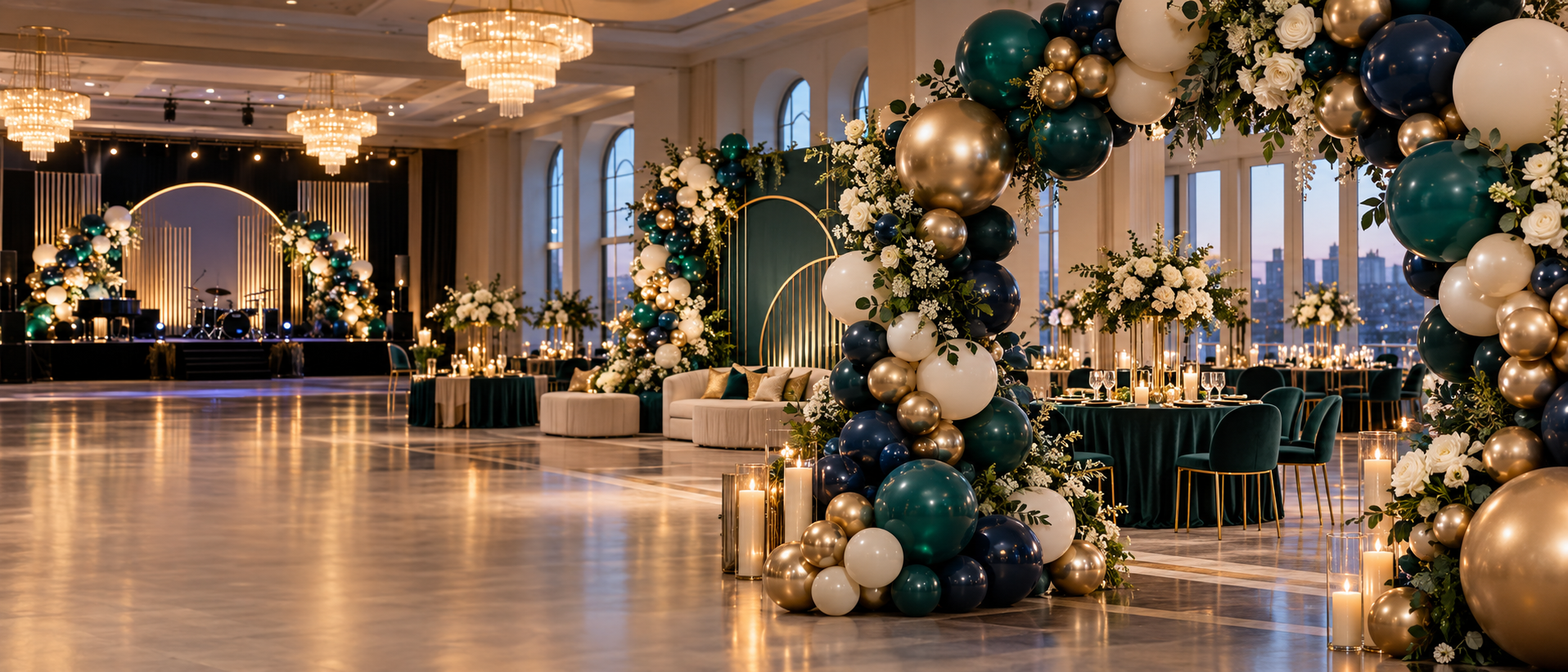 Sophisticated corporate ballroom balloon installation